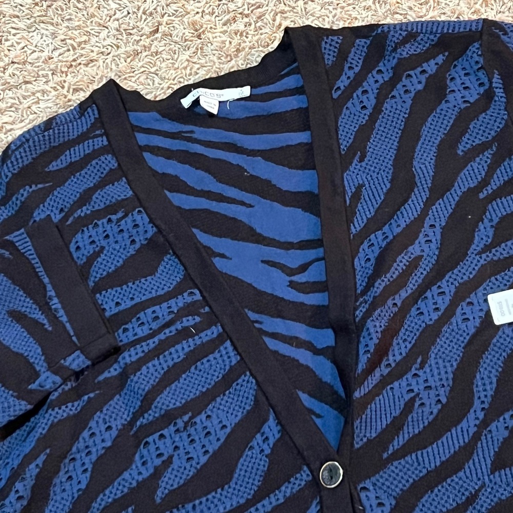 Chicos Sz 4 Blue Black Zebra Print Knit Cardigan Sweater Long Sleeve‎ Women's 2X